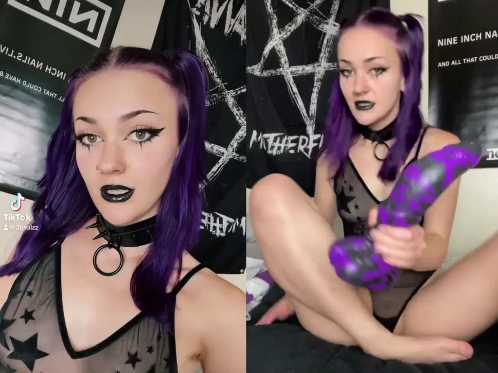 Goth Petite Slut Pops Purple Dildo On/Off TikTok Tease
