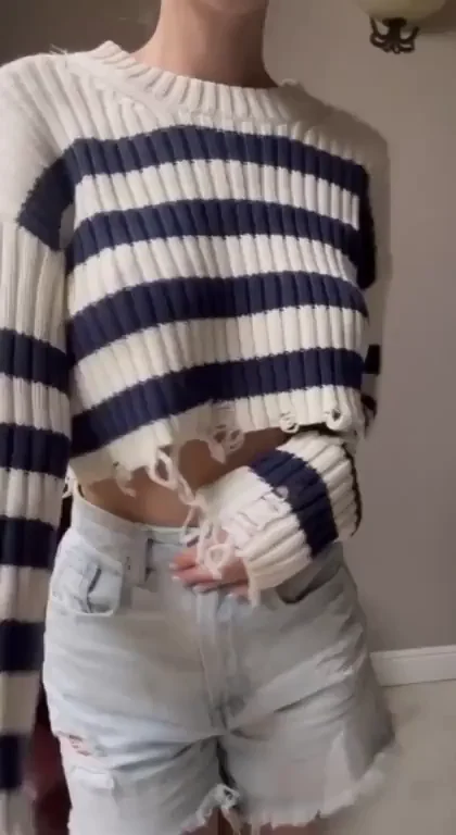 Petite College Slut Teases in Striped Crop Top and Ripped Shorts