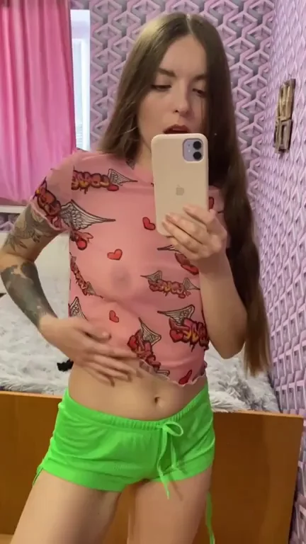 Dream of This Slutty TikTok Tease in Pink Mesh and Green Shorts