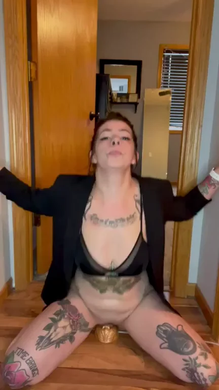 Tattooed Dyke Slut Rides Dildo Wild in Open Blazer