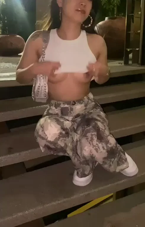 Petite Asian Babe Flashes Tits on Stairs 😏👙