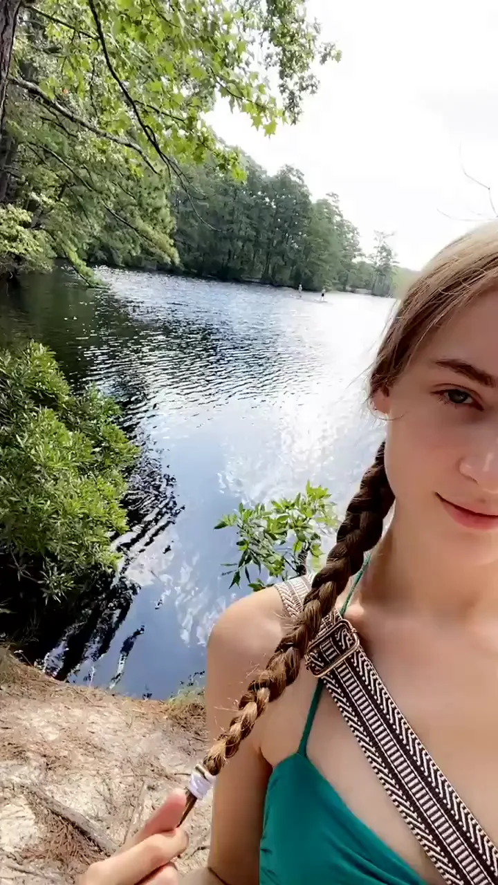 Petite Teen Slut Strips by the Lake, Risking It All 😈🌳💦 [GIF]