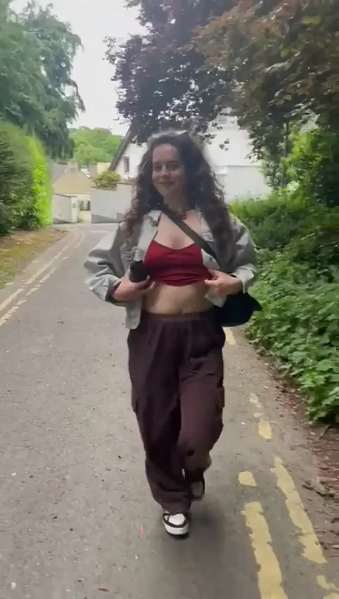 Irish Roadside Tease: Curvy Slut Flashes Tits on Public Lane!
