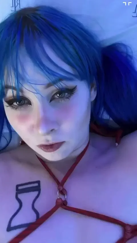 Blue-Haired Slut Teases in Red Harness 😈💙