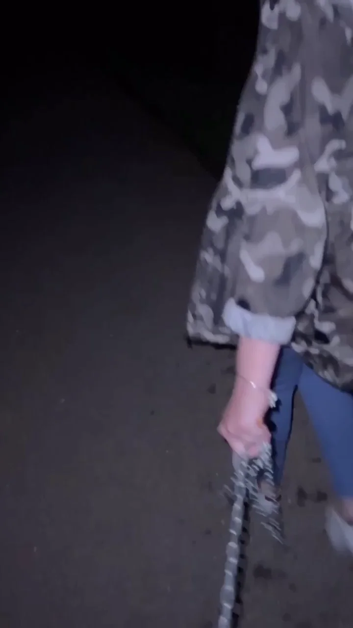 Walking my chastity sub at night with a chain attached to his cock cage