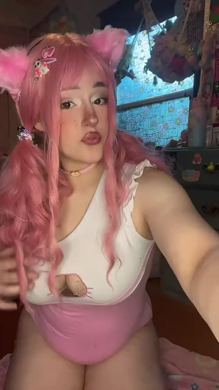 Neon Pink Haired Slut Teases Her Juicy Pussy in Cat Ears