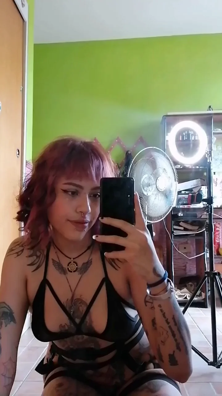 Goth Latina Tease: Spread Wide in Black Harness, Begging for Your Cock