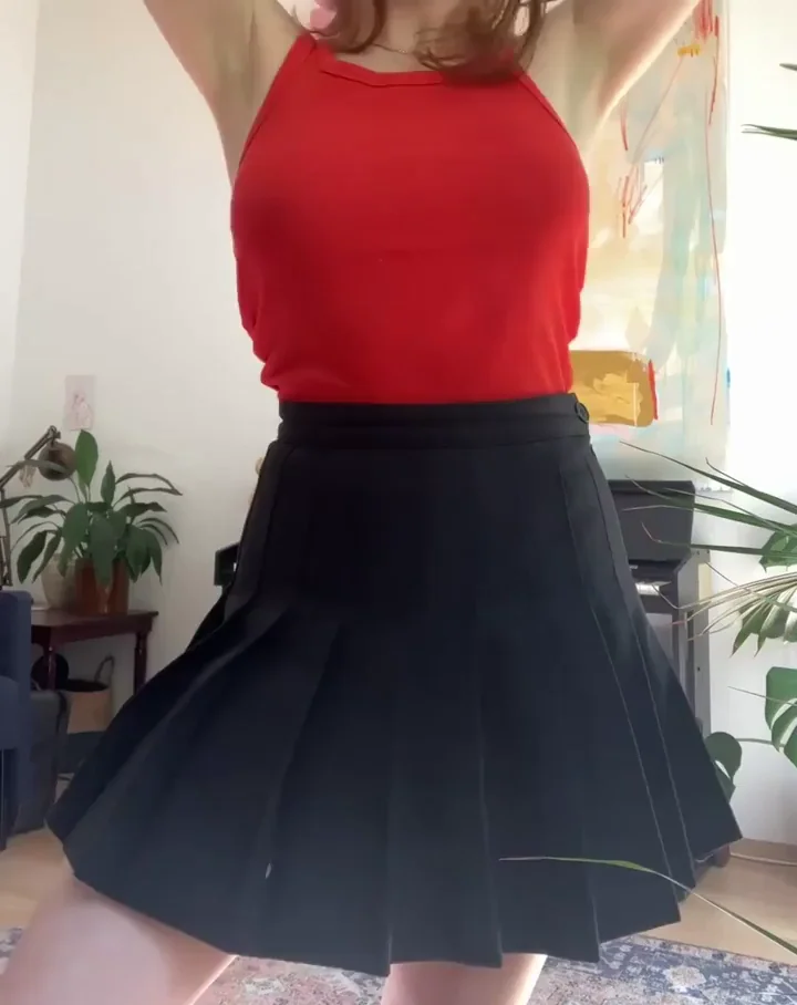 🔥 Redhead Slut's Black Pleated Skirt Upskirt Tease 💋
