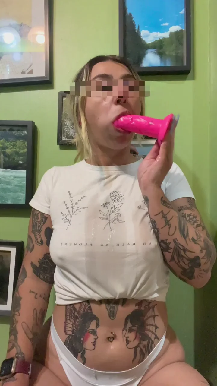 Inked Slut Deepthroats Massive Pink Dildo