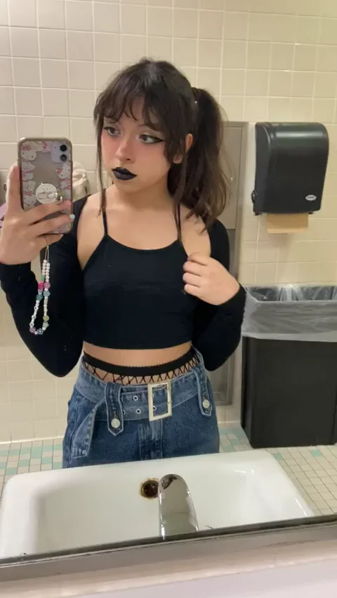 Goth Teen Slut Teases Big Tits in Public Bathroom Mirror 😈💦