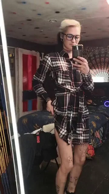 Petite Blonde MILF Gets Slutty in Plaid Dress Mirror Tease