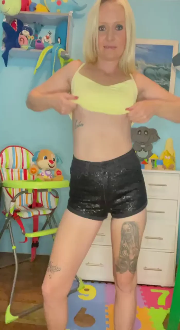 Slutty Mom's Tiny Tits Tease in Nursery Room