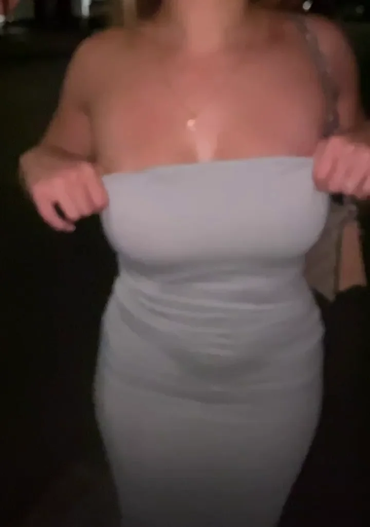 🔥 Outdoor Boob Flash Slut in Tight Gray Dress 😈🍈🍈