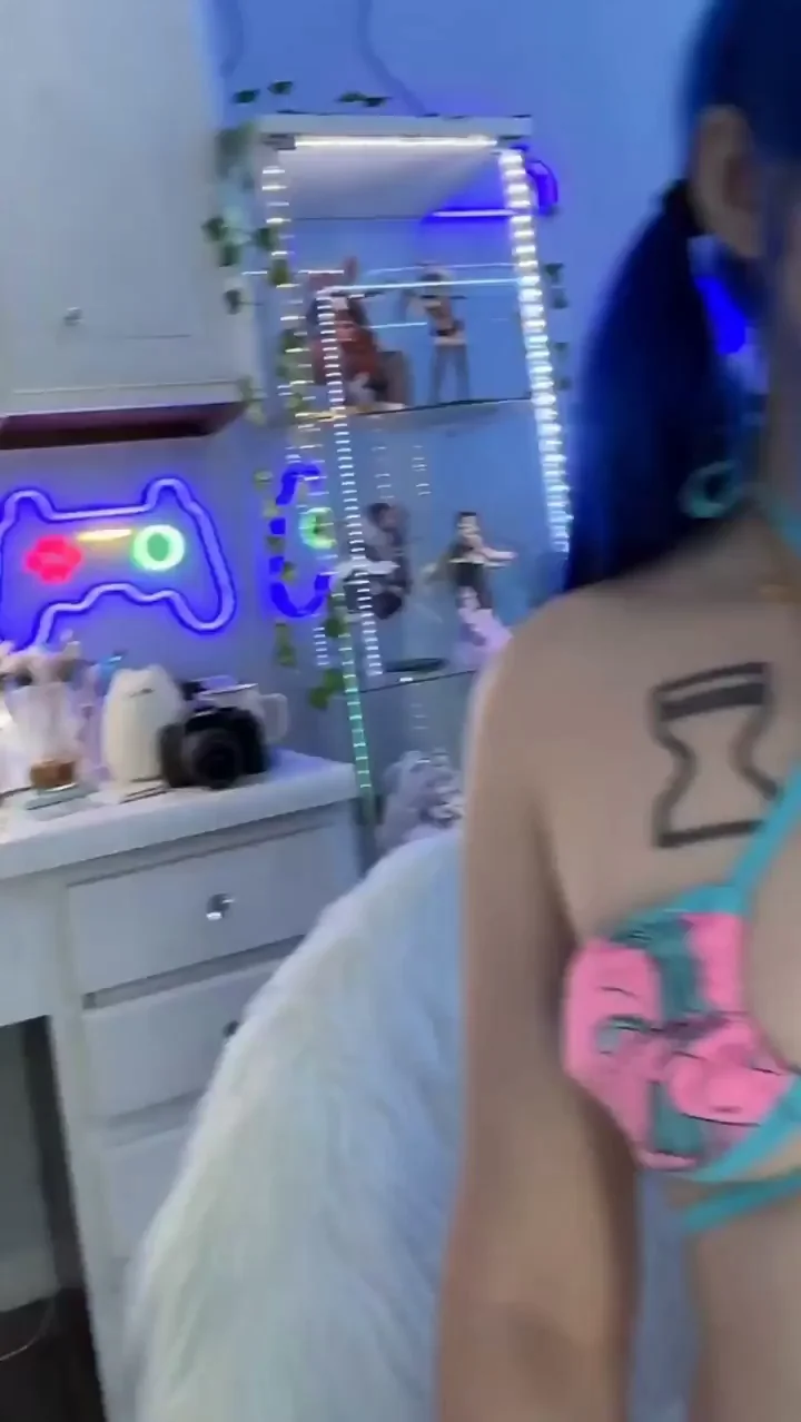 Blue-Haired Egirl's Wild Ahegao Face in Pink Bikini