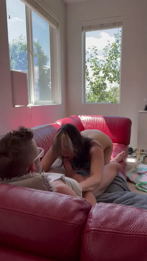 Real Girlfriend Sucks Dick All Day on Red Couch