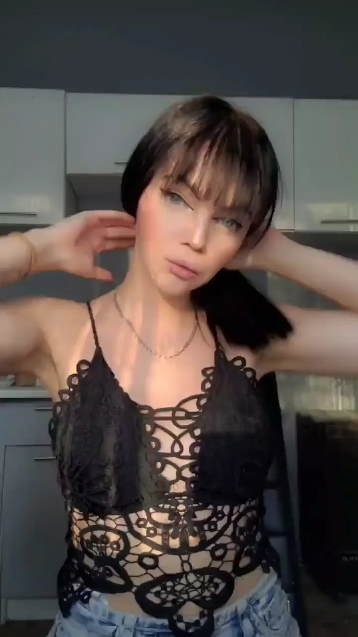 Petite Black-Haired Slut Teases Her Perky Tits in Lace